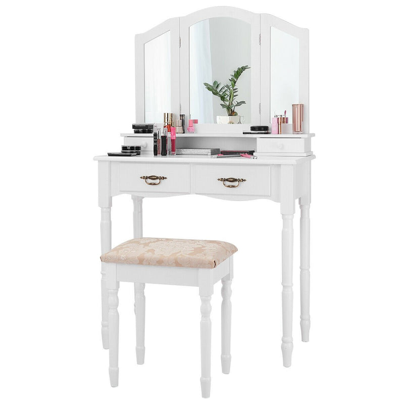 Simple Vanity Set with Tri-Folding Mirror Drawers and Storage Shelf-White