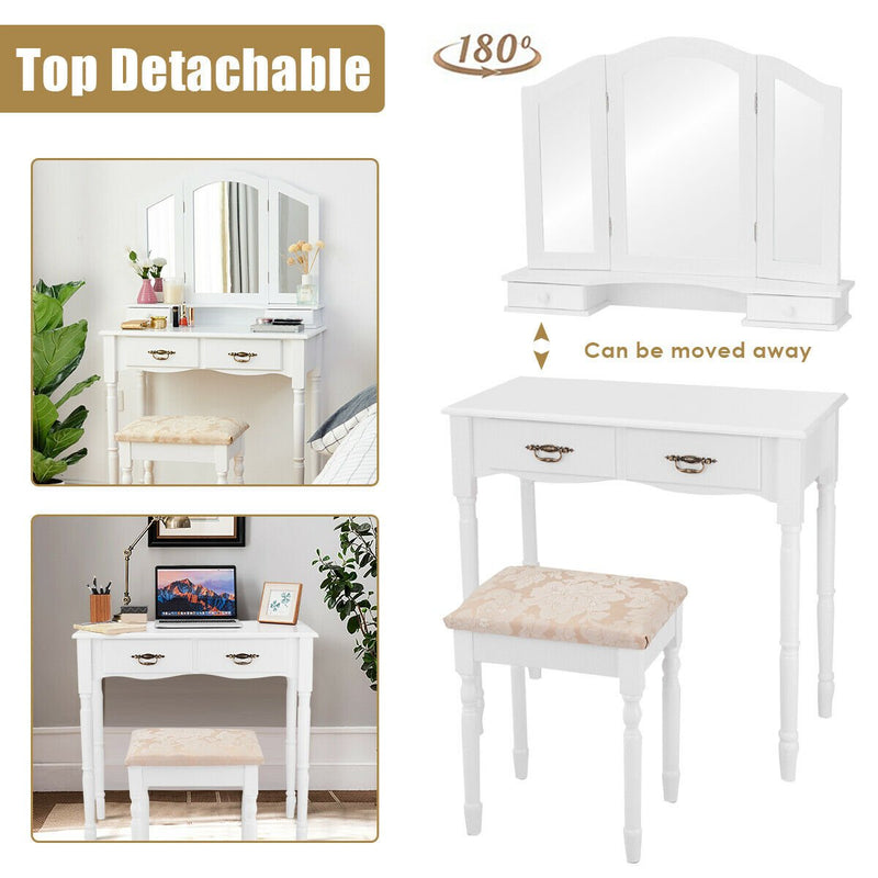 Simple Vanity Set with Tri-Folding Mirror Drawers and Storage Shelf-White