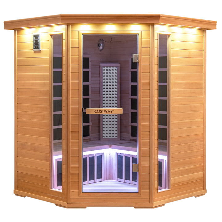 Holiday Sale-NEW 2025 COSTWAY 3D Heat Far Infrared Corner Sauna (3–5 Person) – Canadian Hemlock Wood-Red Light Therapy+Near Infrared-Carbon & Mica Heaters,-Chromotherapy Lighting-Low EMF-Bluetooth Speakers - Relaxacare