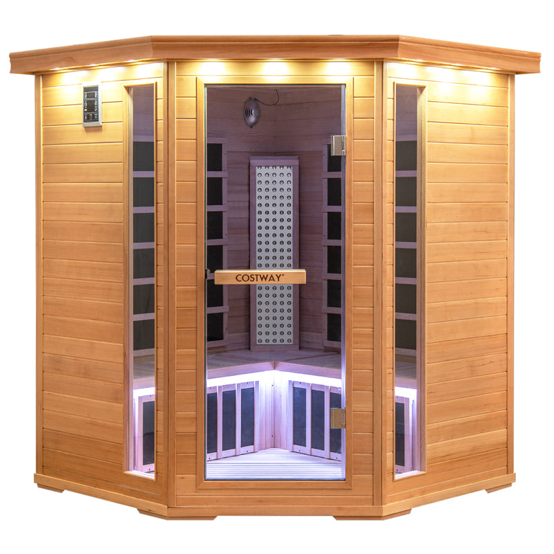 NEW 2025 MODEL - COSTWAY Far Infrared Corner Sauna, 3-5 Person Canadian Hemlock Indoor Sauna Spa Room w/ Carbon &amp; Mica Heaters, Near-Infrared &amp; Red Light Therapy Panel, Chromotherapy Lights, Speakers, Tempered Glass Door
