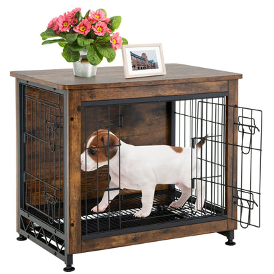 Wooden Dog Crate Furniture with Double Door and Tray-Brown
