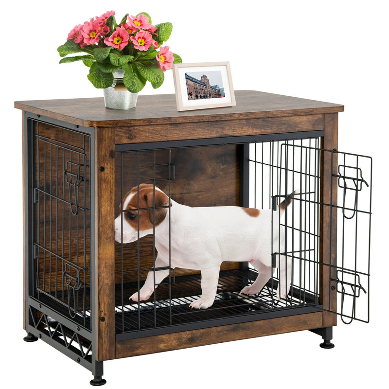 Wooden Dog Crate Furniture with Double Door and Tray-Brown