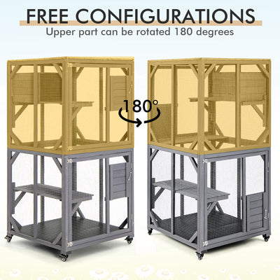 Outdoor Cat House Enclosures on Wheels Kitten Cages with Resting Box-Gray