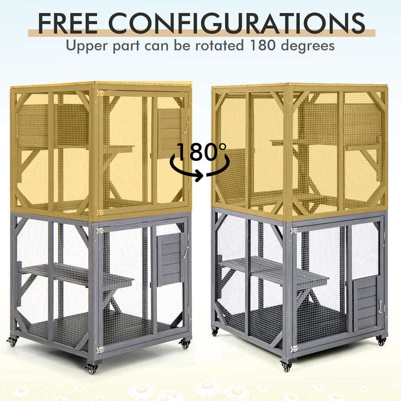 Outdoor Cat House Enclosures on Wheels Kitten Cages with Resting Box-Gray