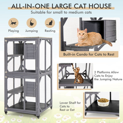 Outdoor Cat House Enclosures on Wheels Kitten Cages with Resting Box-Gray