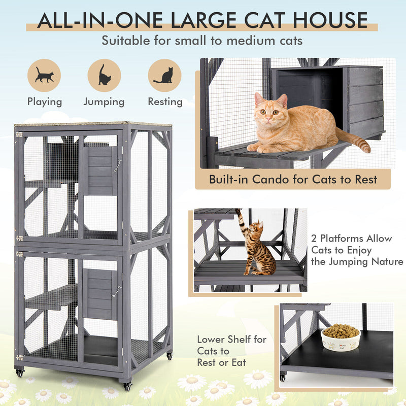 Outdoor Cat House Enclosures on Wheels Kitten Cages with Resting Box-Gray