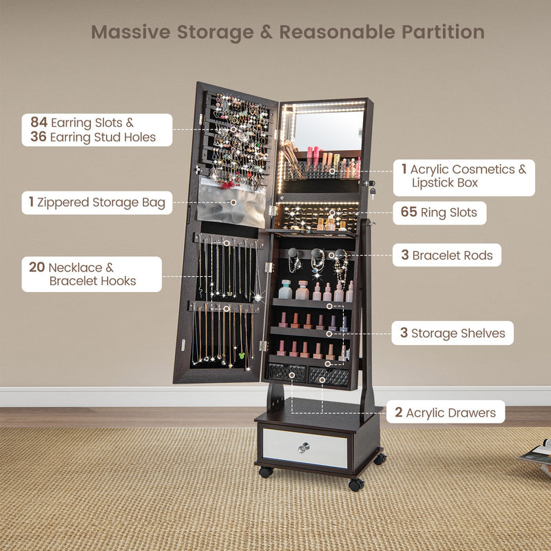 47 Inch Lockable Jewelry Cabinet Armoire with 3-Color LED Lights-Brown