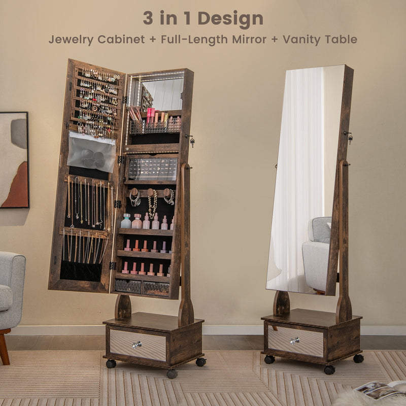47 Inch Lockable Jewelry Cabinet Armoire with 3-Color LED Lights-Rustic Brown