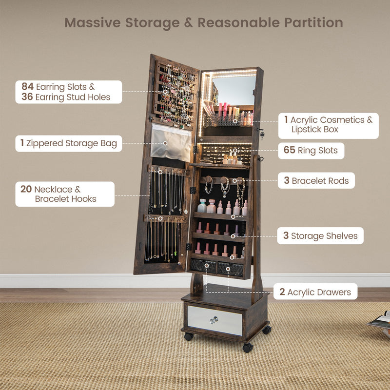 47 Inch Lockable Jewelry Cabinet Armoire with 3-Color LED Lights-Rustic Brown