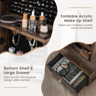 47 Inch Lockable Jewelry Cabinet Armoire with 3-Color LED Lights-Rustic Brown