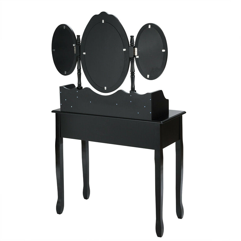7 Drawer Tri-Folding Mirror Dressing Vanity Makeup Set-Black