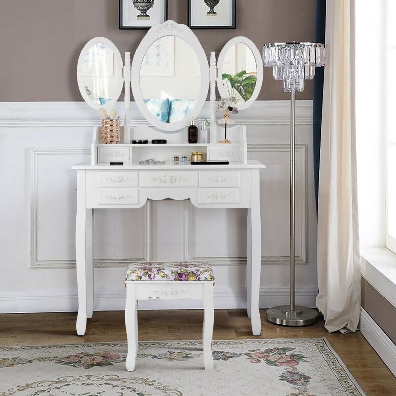 Vanity Set with Tri-Folding Mirror and Cushioned Stool-White