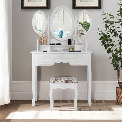 Vanity Set with Tri-Folding Mirror and Cushioned Stool-White