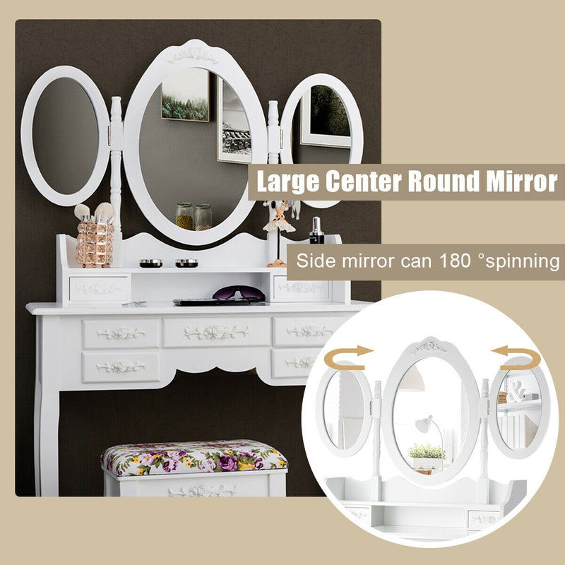 Vanity Set with Tri-Folding Mirror and Cushioned Stool-White
