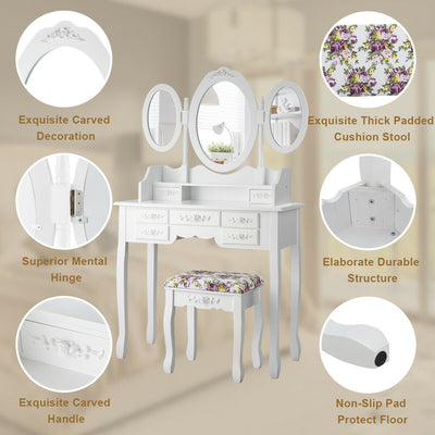 Vanity Set with Tri-Folding Mirror and Cushioned Stool-White