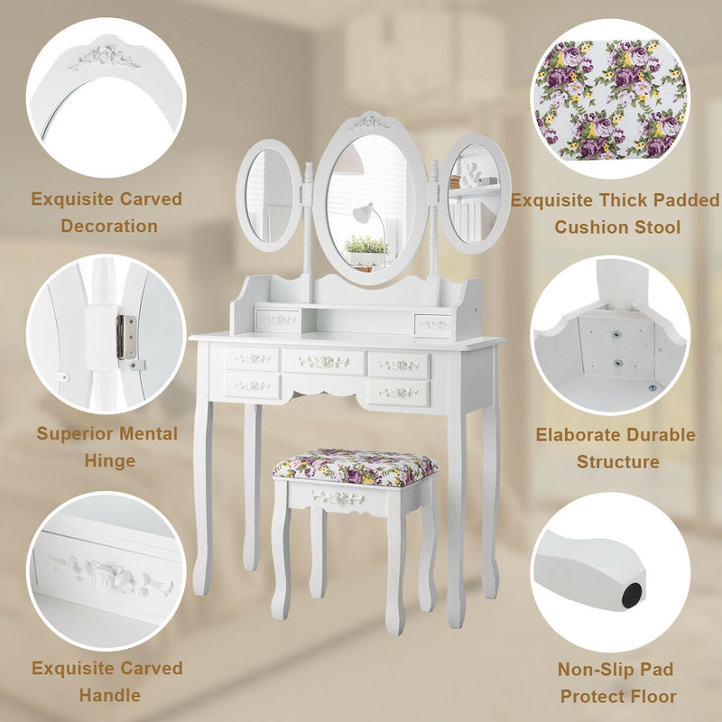Vanity Set with Tri-Folding Mirror and Cushioned Stool-White