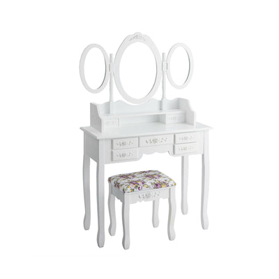 Vanity Set with Tri-Folding Mirror and Cushioned Stool-White