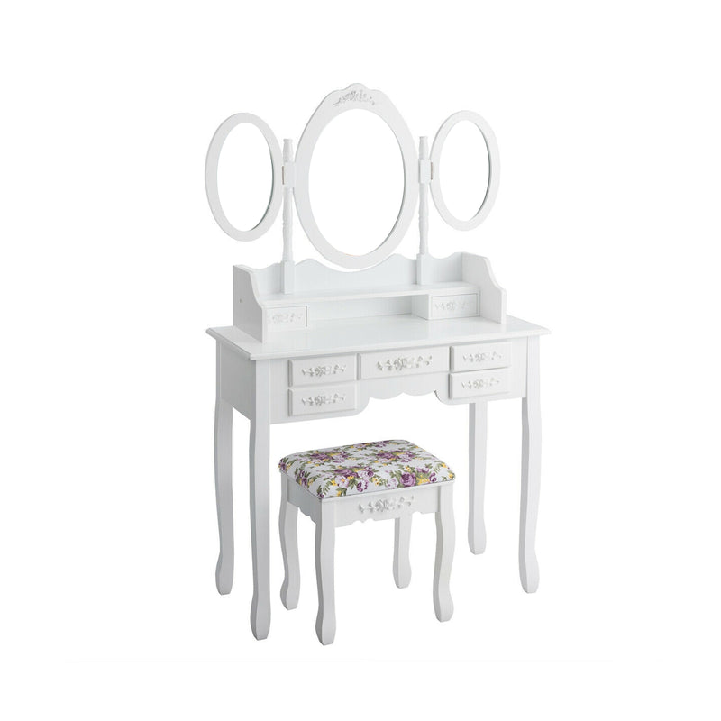 Vanity Set with Tri-Folding Mirror and Cushioned Stool-White