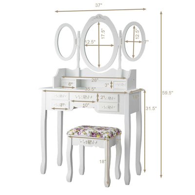 Vanity Set with Tri-Folding Mirror and Cushioned Stool-White