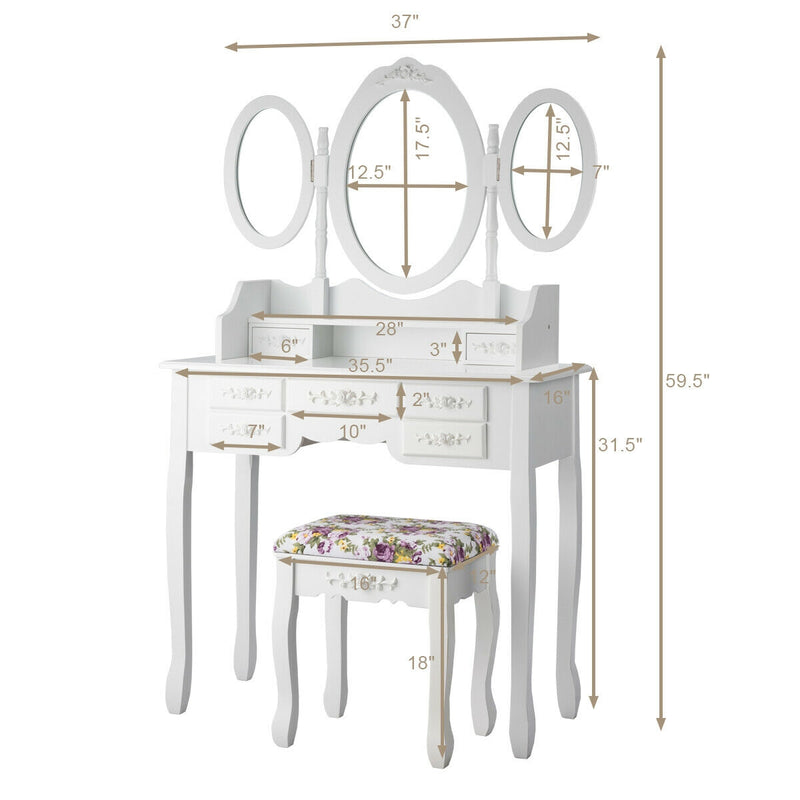 Vanity Set with Tri-Folding Mirror and Cushioned Stool-White