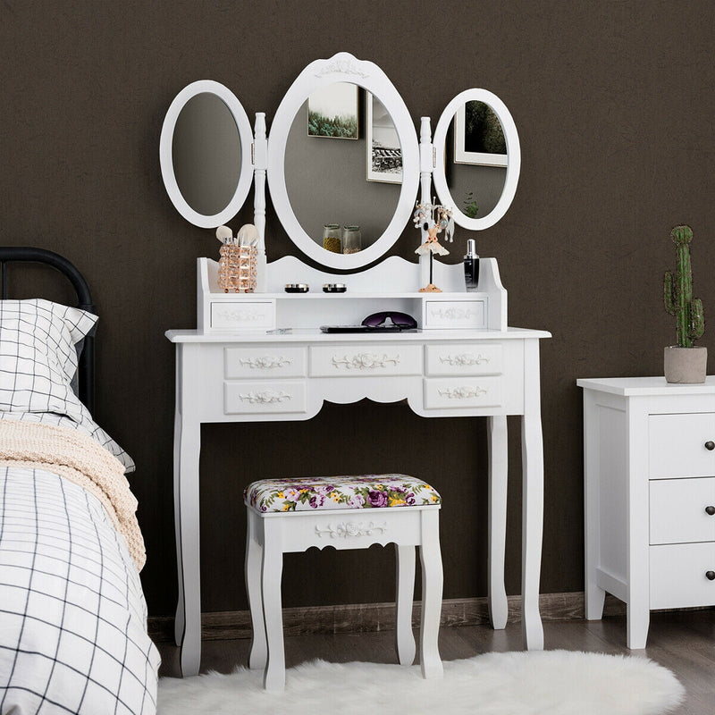 Vanity Set with Tri-Folding Mirror and Cushioned Stool-White