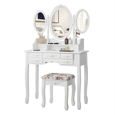 Vanity Set with Tri-Folding Mirror and Cushioned Stool-White