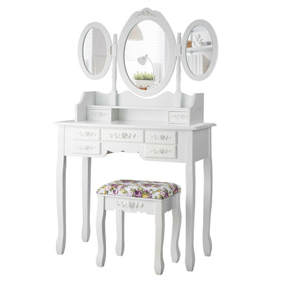 Vanity Set with Tri-Folding Mirror and Cushioned Stool-White