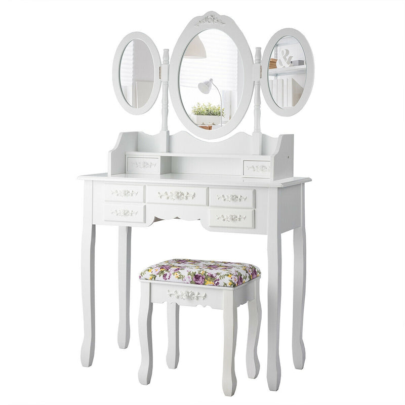 Vanity Set with Tri-Folding Mirror and Cushioned Stool-White