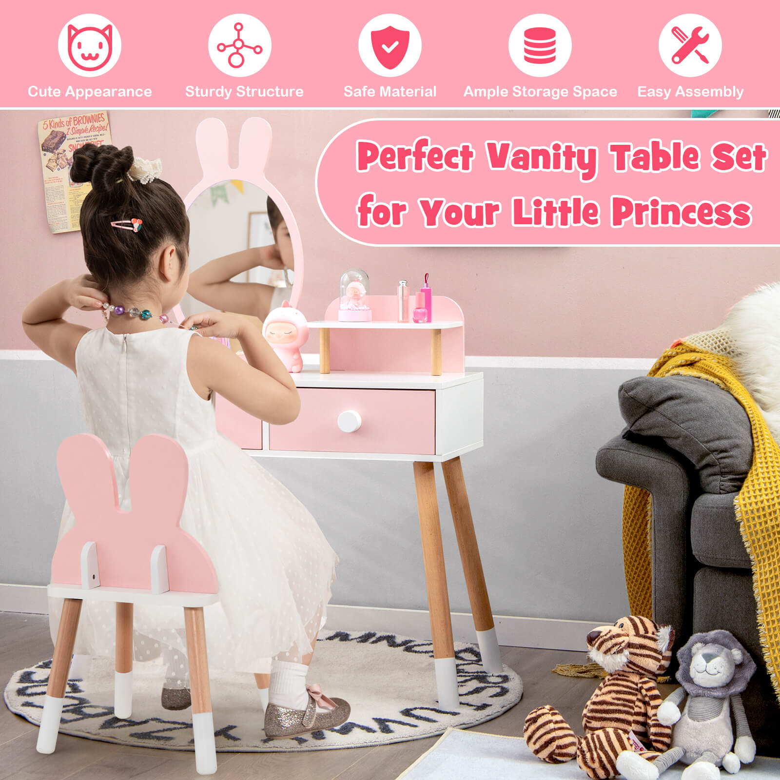 Rabbit Ruller Vanity Kids Vanity Table and Chair Set with Drawer Shelf and Rabbit Mirror-Pi