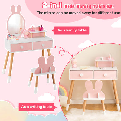 Kids Vanity Table and Chair Set with Drawer Shelf and Rabbit Mirror-Pink
