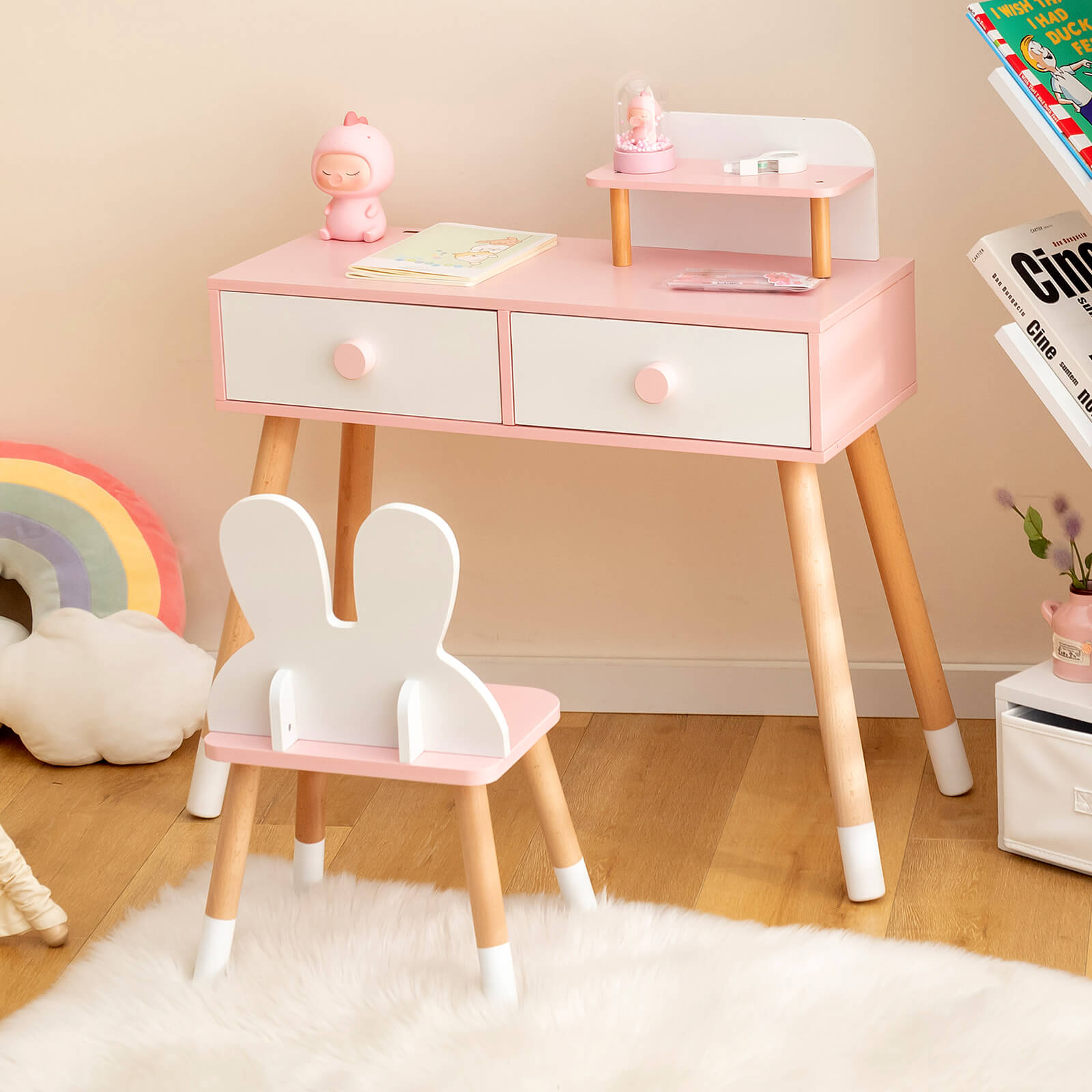 Kids Vanity Table and Chair Set with Drawer Shelf and Rabbit Mirror-Wh