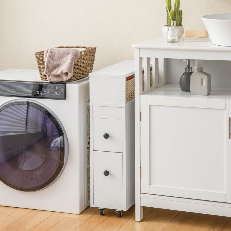*Slim Bathroom Cabinet Wooden Toilet Organizer with Deep Slide Out Drawers - White