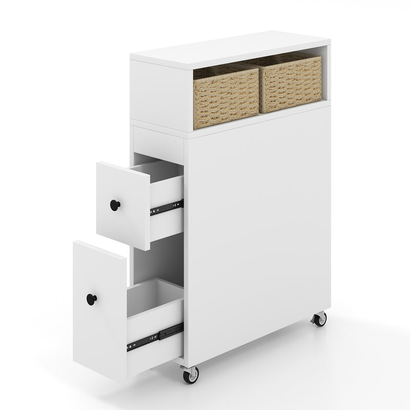 *Slim Bathroom Cabinet Wooden Toilet Organizer with Deep Slide Out Drawers - White