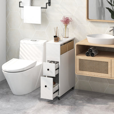 *Slim Bathroom Cabinet Wooden Toilet Organizer with Deep Slide Out Drawers - White