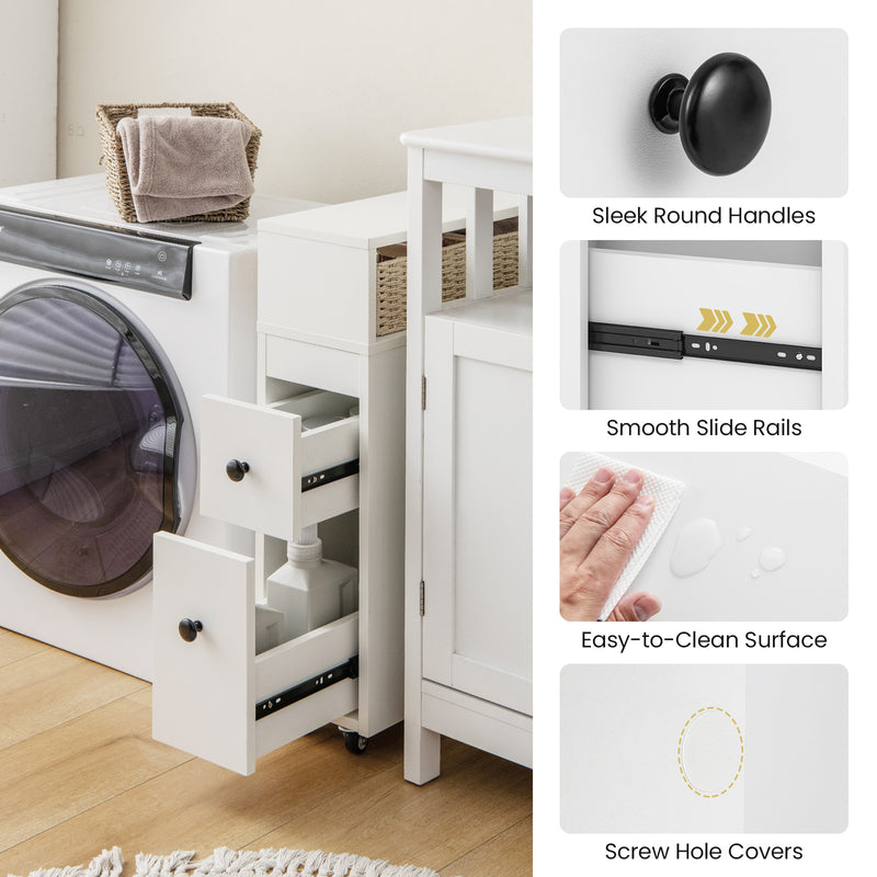 *Slim Bathroom Cabinet Wooden Toilet Organizer with Deep Slide Out Drawers - White