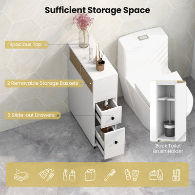 *Slim Bathroom Cabinet Wooden Toilet Organizer with Deep Slide Out Drawers - White