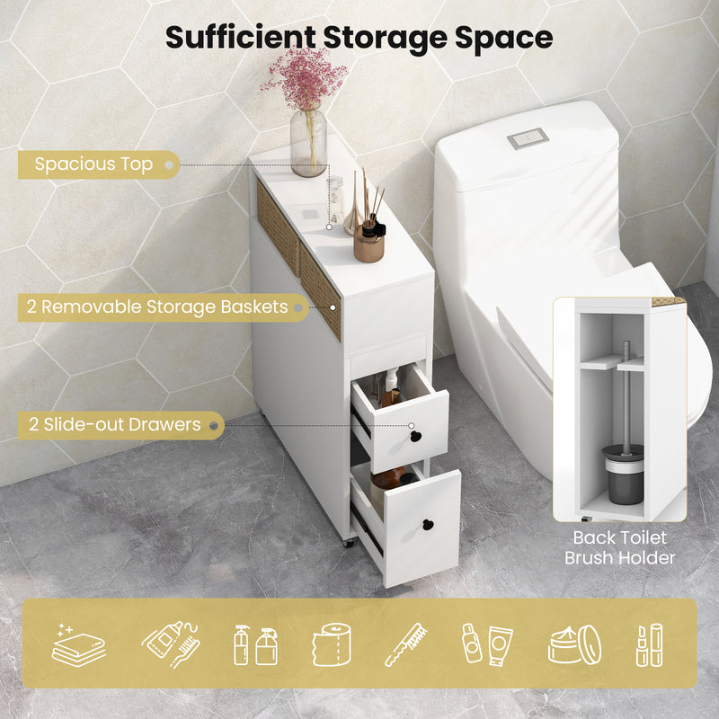 *Slim Bathroom Cabinet Wooden Toilet Organizer with Deep Slide Out Drawers - White