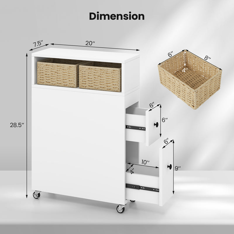 *Slim Bathroom Cabinet Wooden Toilet Organizer with Deep Slide Out Drawers - White