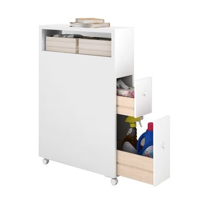 *Slim Bathroom Cabinet Wooden Toilet Organizer with Deep Slide Out Drawers - White