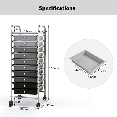 10 Drawer Rolling Storage Cart Organizer with 4 Universal Casters-Gradient Gray