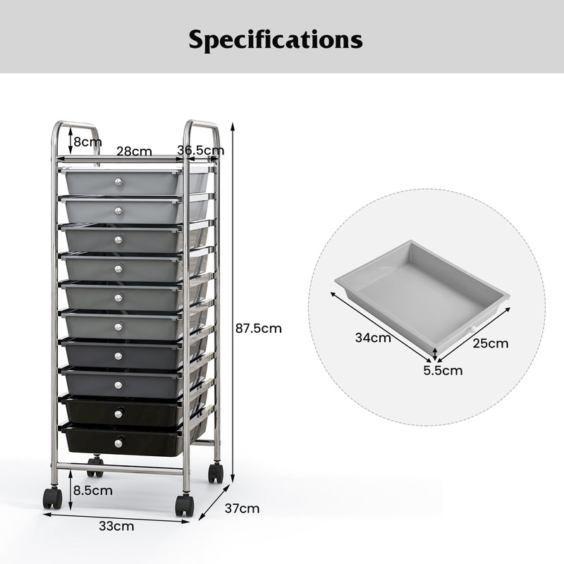 10 Drawer Rolling Storage Cart Organizer with 4 Universal Casters-Gradient Gray