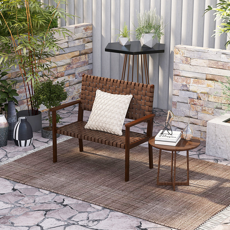 Outdoor All Weather Bench with Solid Rubber Wood Frame and Hand Woven