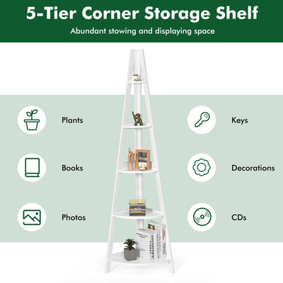 5-Tier Modern Corner Bookcase Shelf with Strong Wooden Frame-White