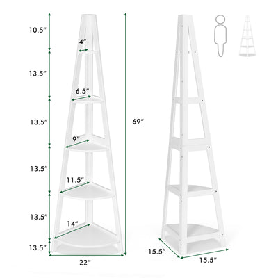 5-Tier Modern Corner Bookcase Shelf with Strong Wooden Frame-White