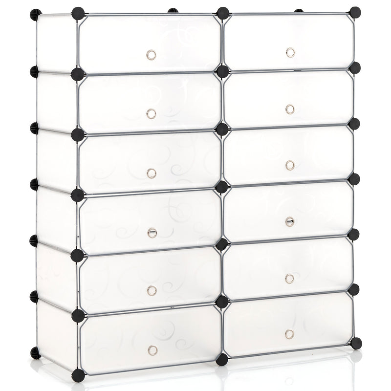 12-Cube DIY Portable Plastic Shoe Rack with Transparent Doors-White