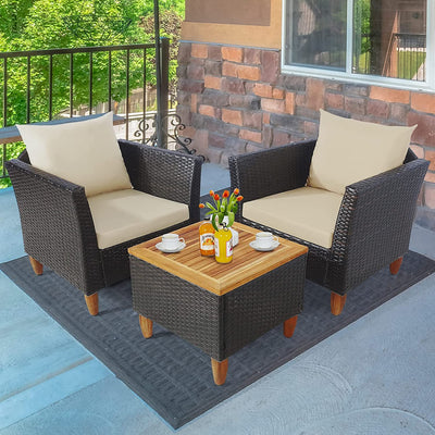 3 Pieces Patio Rattan Bistro Furniture Set with Wooden Table Top-Beige