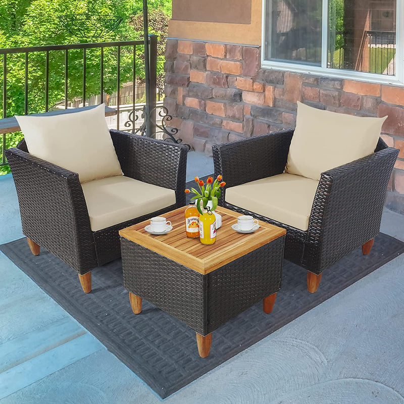 3 Pieces Patio Rattan Bistro Furniture Set with Wooden Table Top-Beige