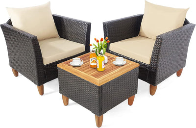 3 Pieces Patio Rattan Bistro Furniture Set with Wooden Table Top-Beige