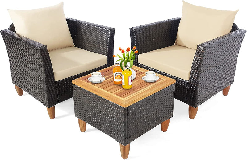 3 Pieces Patio Rattan Bistro Furniture Set with Wooden Table Top-Beige