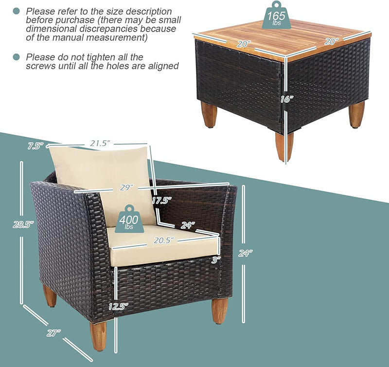 3 Pieces Patio Rattan Bistro Furniture Set with Wooden Table Top-Beige